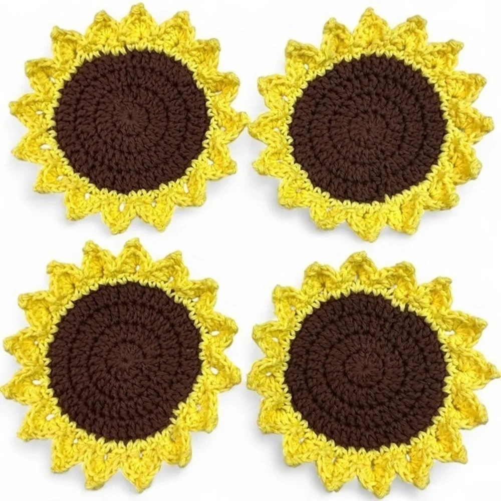 Sunflower Cup Mug Coasters Set of 4 Handcrafted Crochet by Seller Yellow Brown
